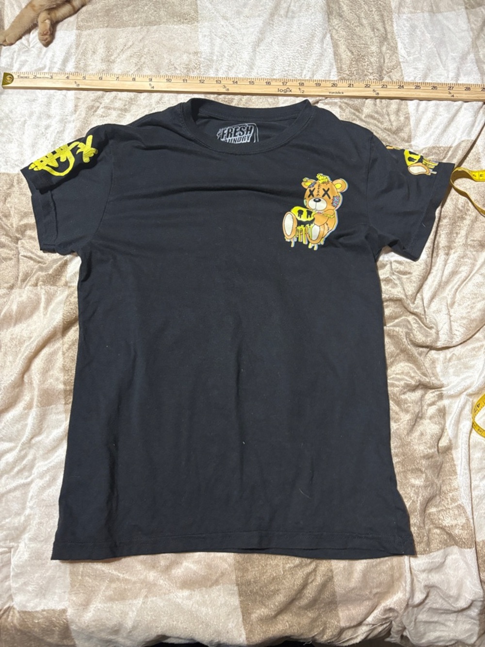 Fresh Flocked Black Tee with Yellow Bear Graphic